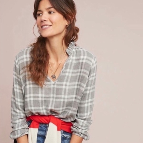 Anthropologie Tops - Anthropologie Cloth and Stone Gray and White Plaid Metallic Thread Blouse Size M